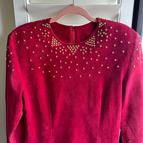 Vintage 80s Pia Rucci Gold Studded Red Suede Leather Dress size 14 - Picture 2 of 16